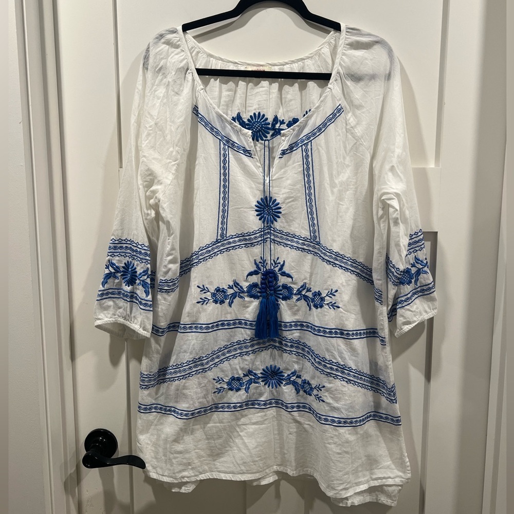 Sundance Ivory and Cobalt Embroidered Tunic